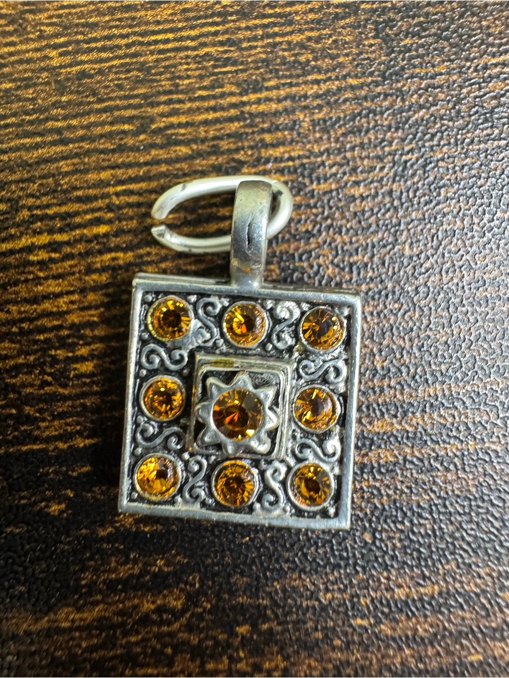 Silver Tone Square Pendant with Amber Stones